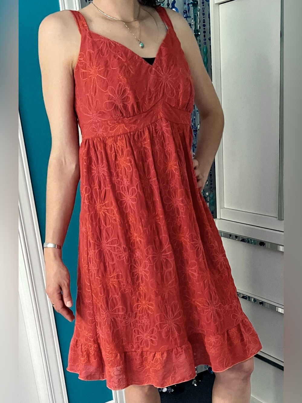 🇨🇦Burnt Orange Floral Embroidered Knee-Length Dress Ruffle Hem Romantic Festival - Picture 5 of 12